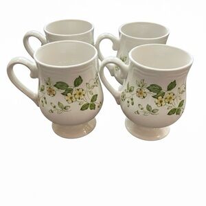 Set of 4 Flora Ironstone Footed Mugs Vintage Japan Green Yellow Flowers 1970s